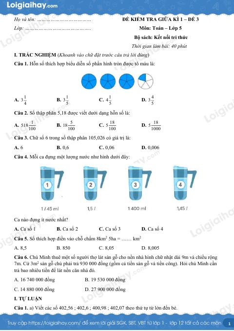 Đề kiểm tra giữa học kì 1 Toán 5 Kết nối tri thức - Đề số 3